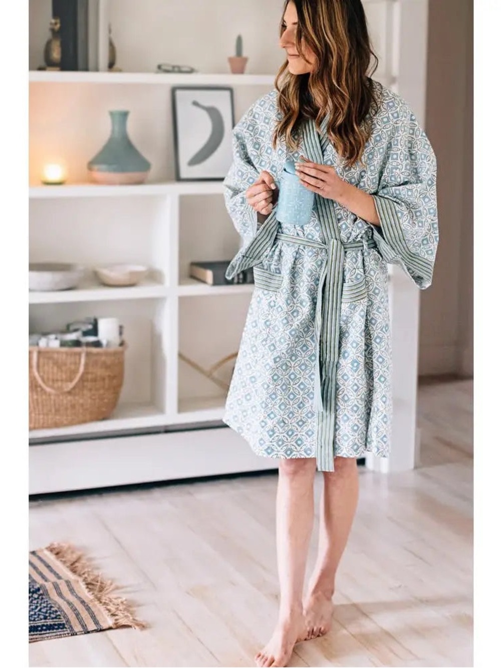 Women's Lightweight Printed Kimono Robe - Sage Blue